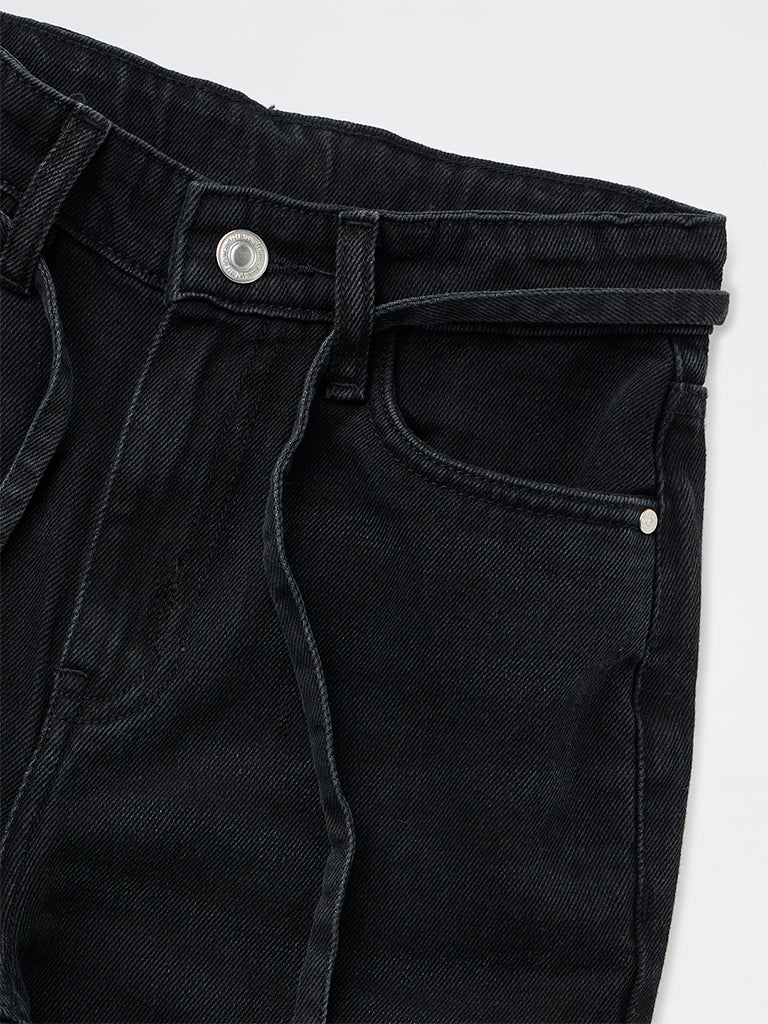 Y&F Kids Girls Black High-Rise Jeans with Belt