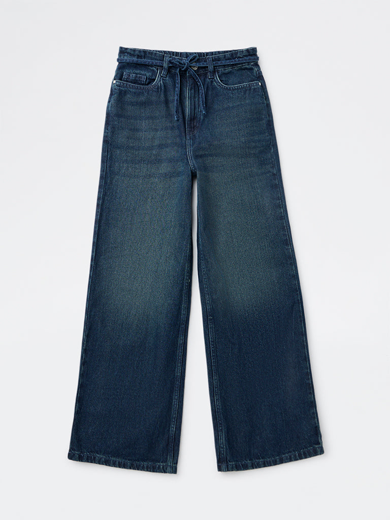 Y&F Kids Girls Blue Dark Wash High-Rise Jeans with Belt