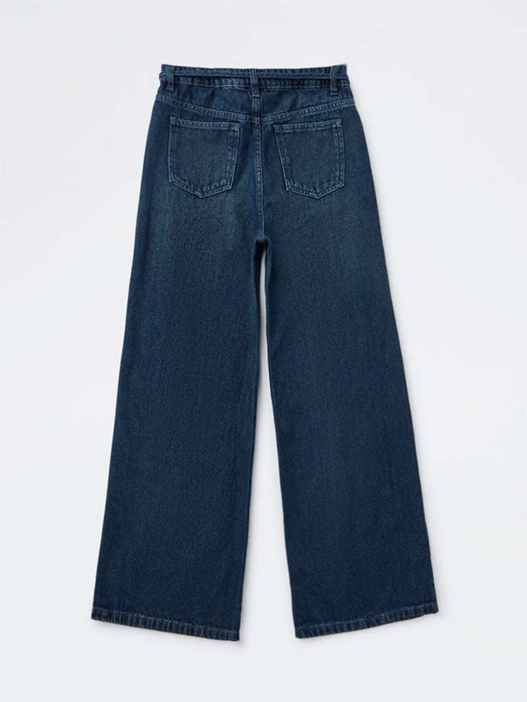 Y&F Kids Girls Blue Dark Wash High-Rise Jeans with Belt
