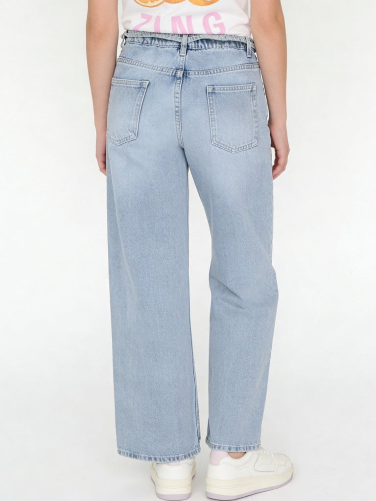 Y&F Kids Girls Light Blue High-Rise Relaxed-Fit Belt-Detailed Jeans