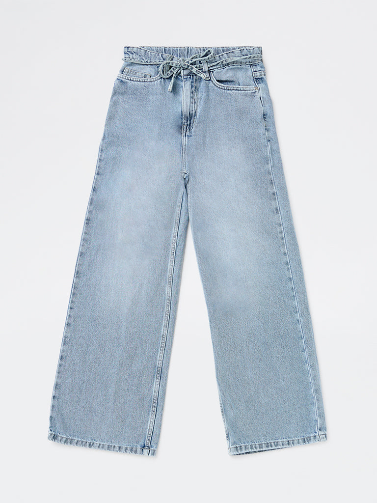 Y&F Kids Girls Light Blue High-Rise Relaxed-Fit Belt-Detailed Jeans