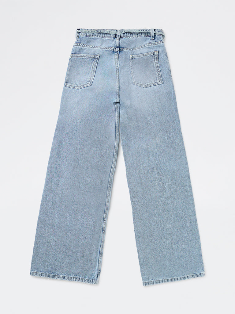 Y&F Kids Girls Light Blue High-Rise Relaxed-Fit Belt-Detailed Jeans
