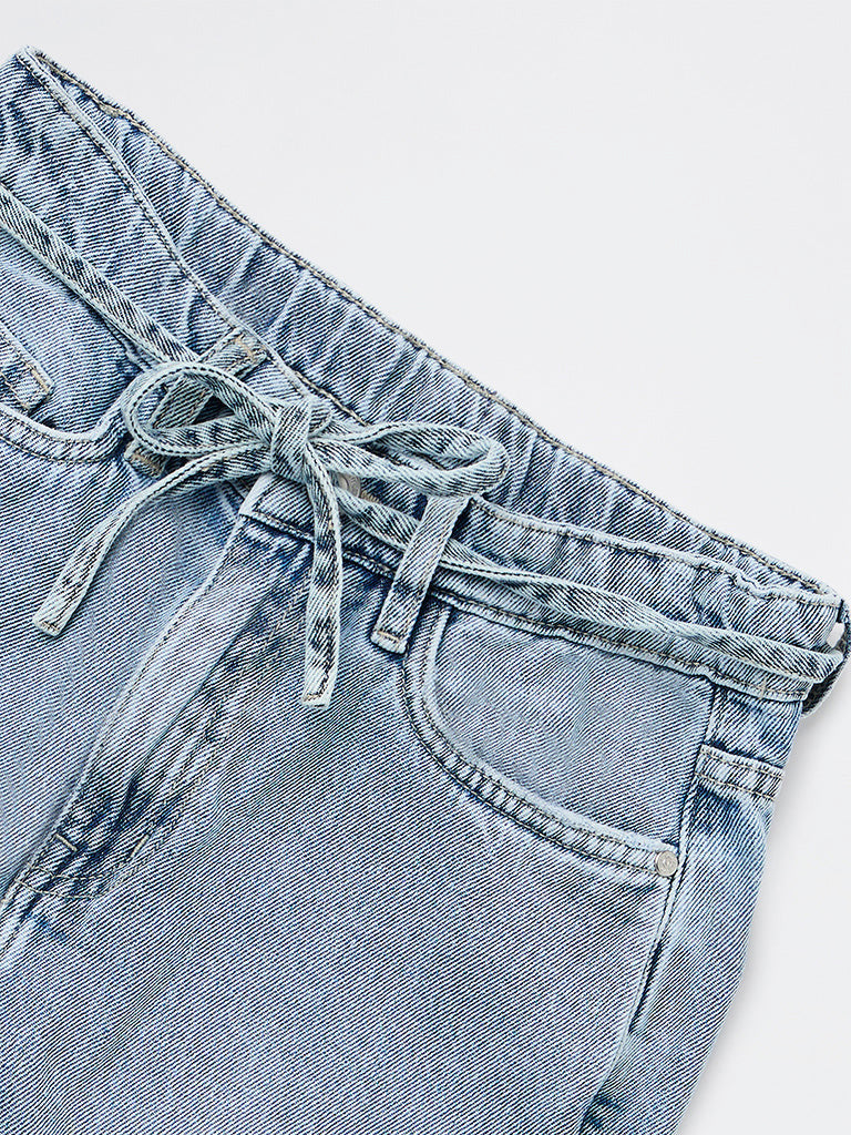 Y&F Kids Girls Light Blue High-Rise Relaxed-Fit Belt-Detailed Jeans