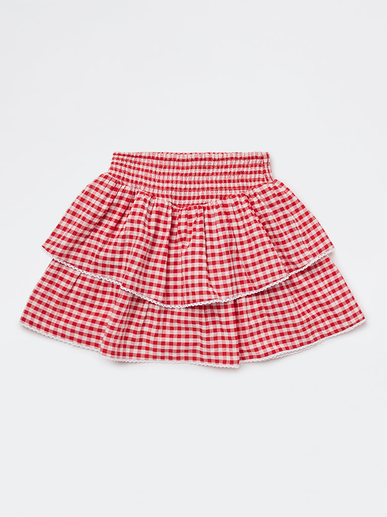 Y&F Kids Girls Red Checkered Tiered Cotton Skirt