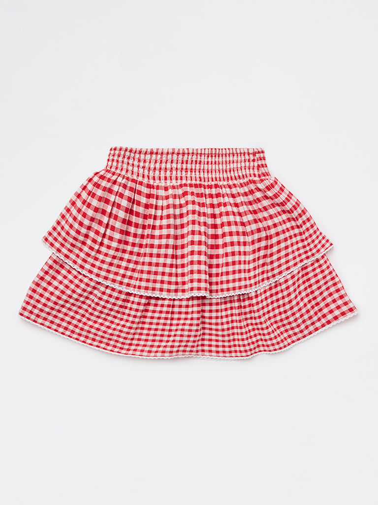 Y&F Kids Girls Red Checkered Tiered Cotton Skirt