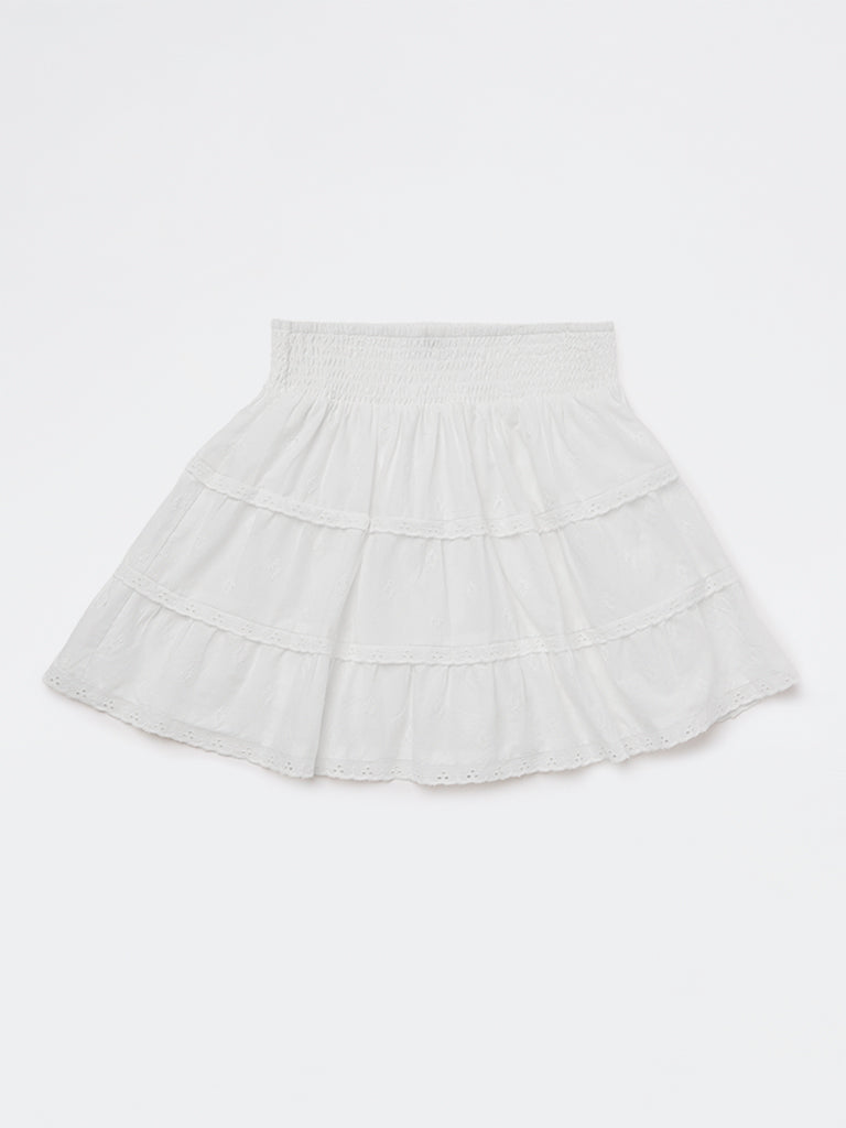 Y&F Kids Girls White Embroidered Cotton Tiered Skirt
