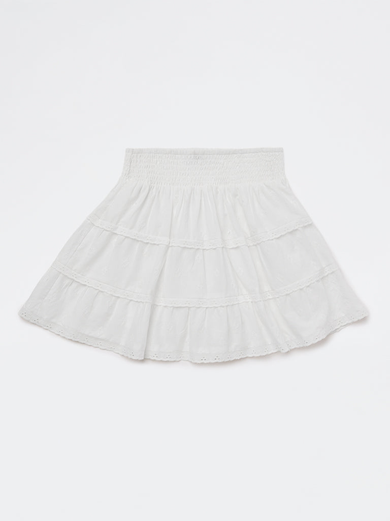Y&F Kids Girls White Embroidered Cotton Tiered Skirt