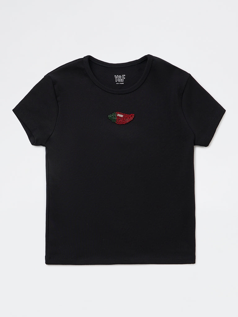 Y&F Kids Girls Black Embroidered Cotton-Blend T-Shirt