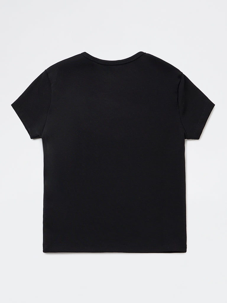 Y&F Kids Girls Black Embroidered Cotton-Blend T-Shirt