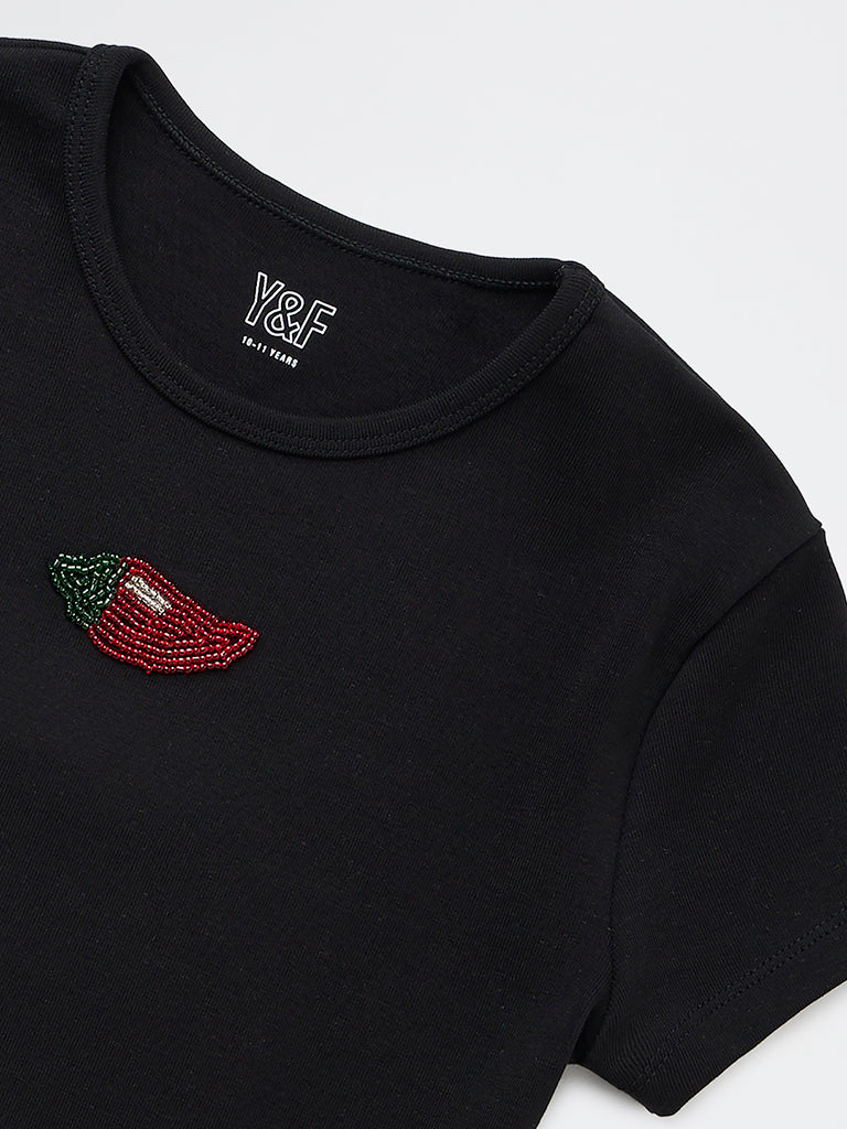 Y&F Kids Girls Black Embroidered Cotton-Blend T-Shirt