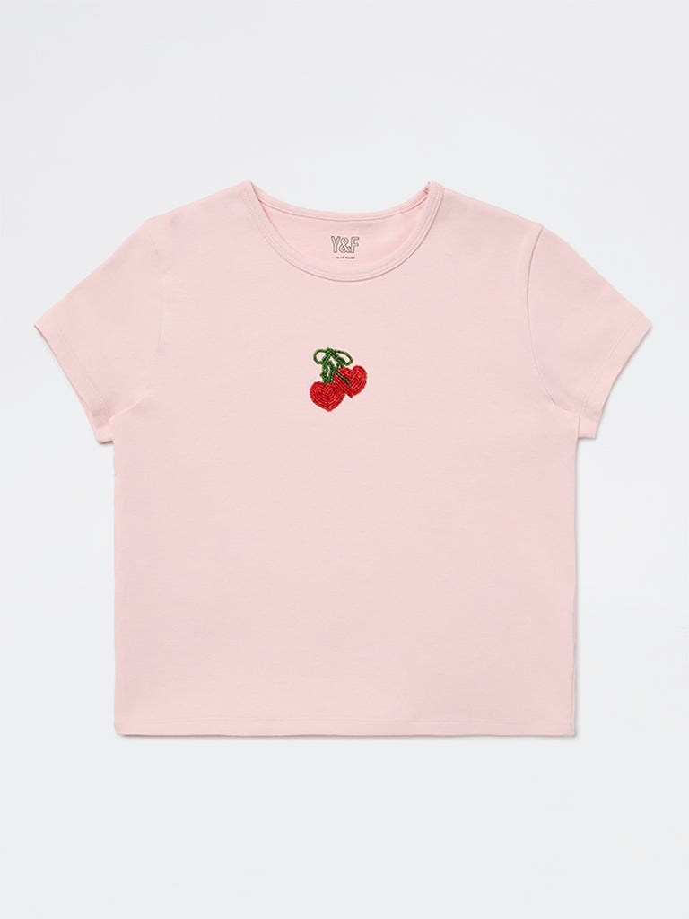 Y&F Kids Girls Pink Embellished Cotton-Blend T-Shirt