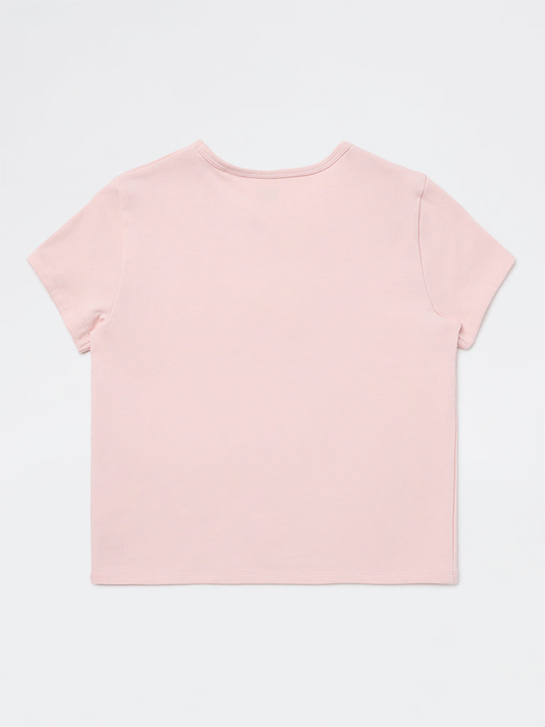 Y&F Kids Girls Pink Embellished Cotton-Blend T-Shirt