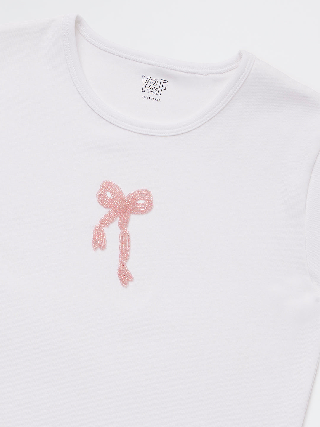 Y&F Kids Girls White Embellished Cotton-Blend T-Shirt