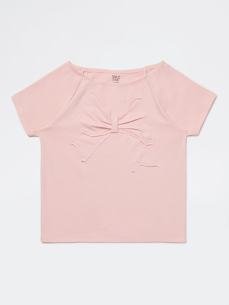 Y&F Kids Girls Light Pink Bow Design Cotton-Blend Top