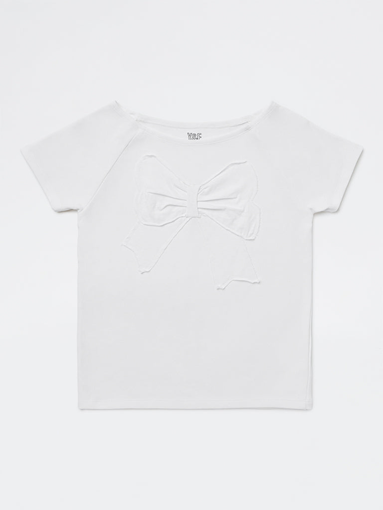 Y&F Kids Girls White Bow Detailed Cotton-Blend Top