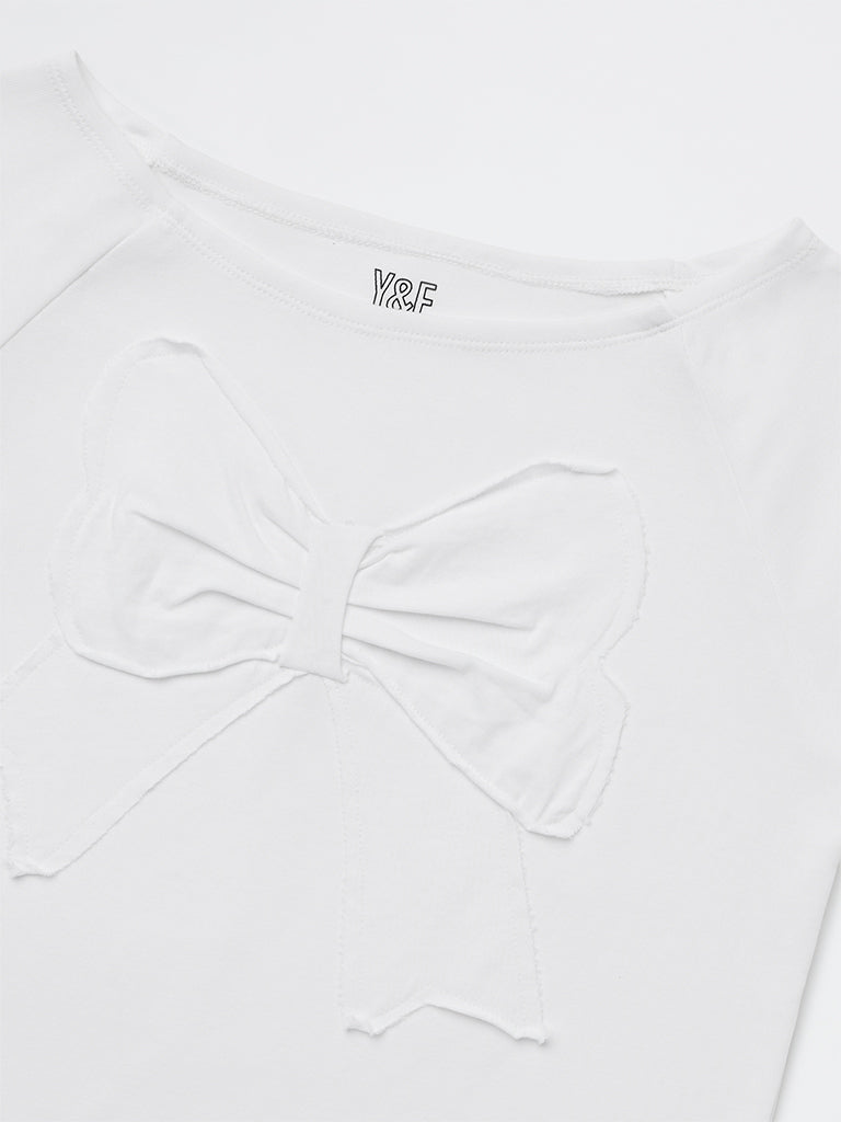 Y&F Kids Girls White Bow Detailed Cotton-Blend Top