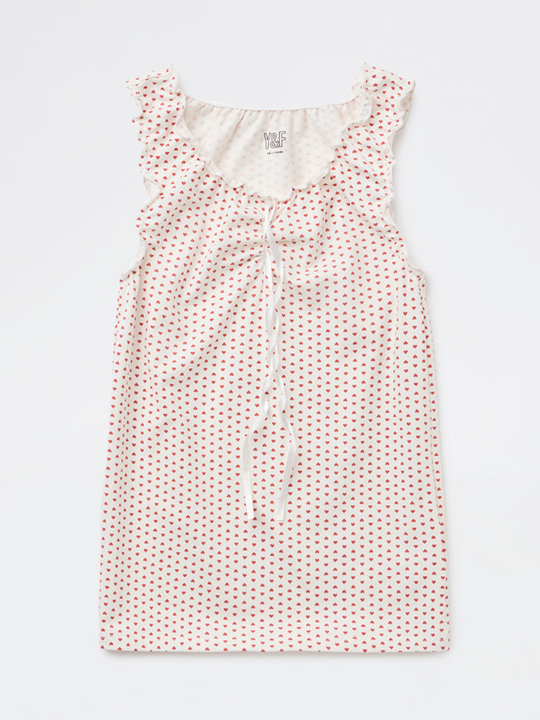 Y&F Kids Girls White Heart Printed Cotton-Blend Top