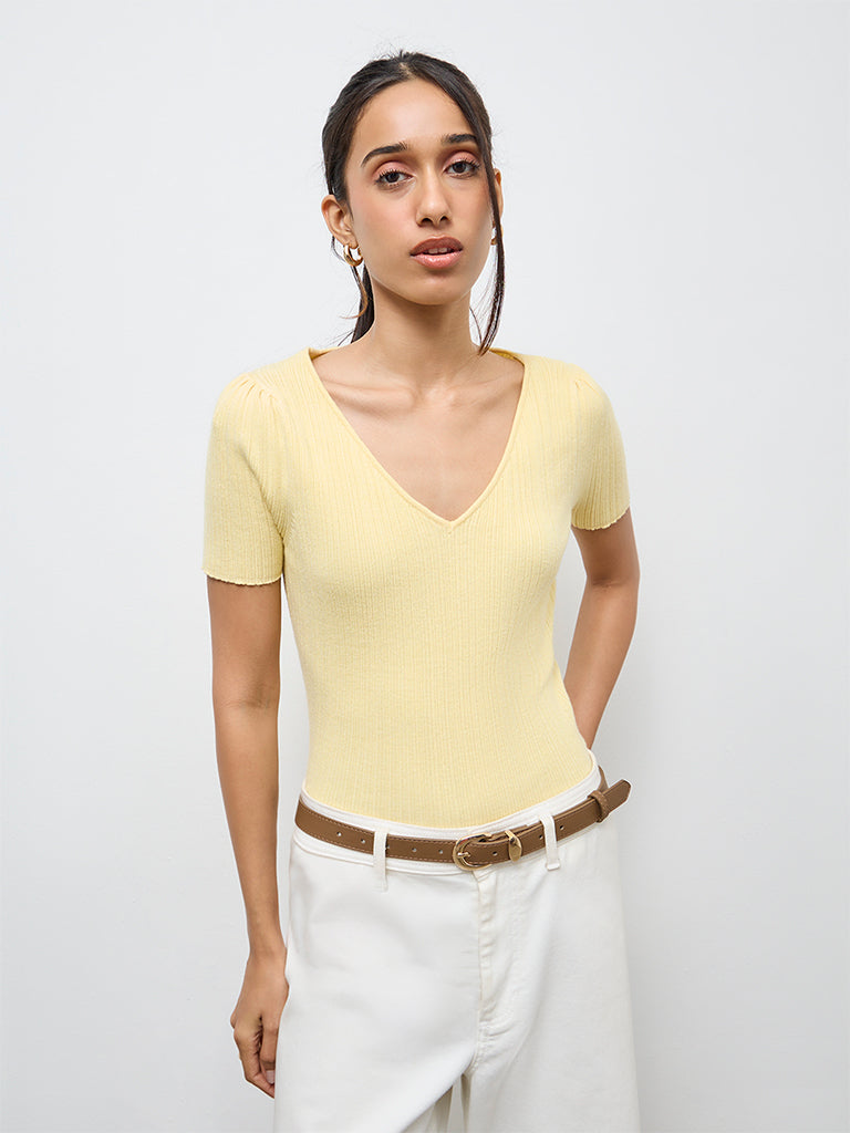 LOV Yellow Ribbed-Textured Top