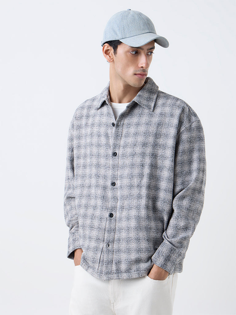 Nuon Grey Checkered Relaxed-Fit Shirt