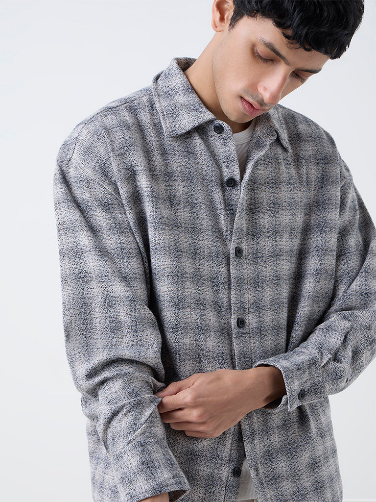 Nuon Grey Checkered Relaxed-Fit Shirt