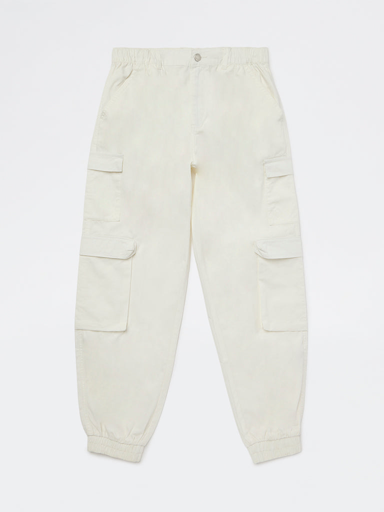 Y&F Kids Boys Off-White Mid-Rise Cotton Cargo Pants