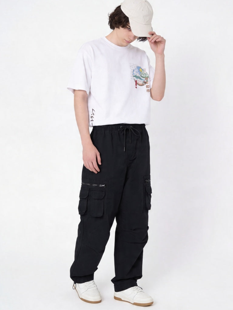 Y&F Kids Boys Black Mid-Rise Cotton-Blend Cargo Pants