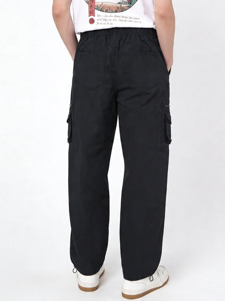 Y&F Kids Boys Black Mid-Rise Cotton-Blend Cargo Pants