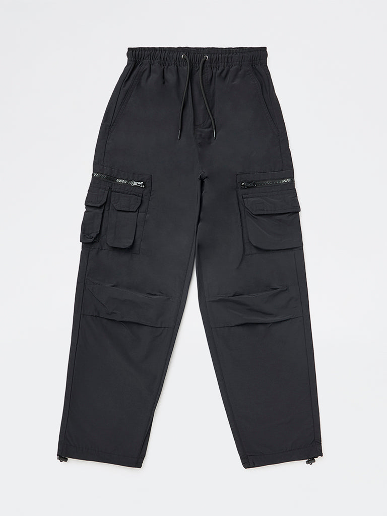 Y&F Kids Boys Black Mid-Rise Cotton-Blend Cargo Pants