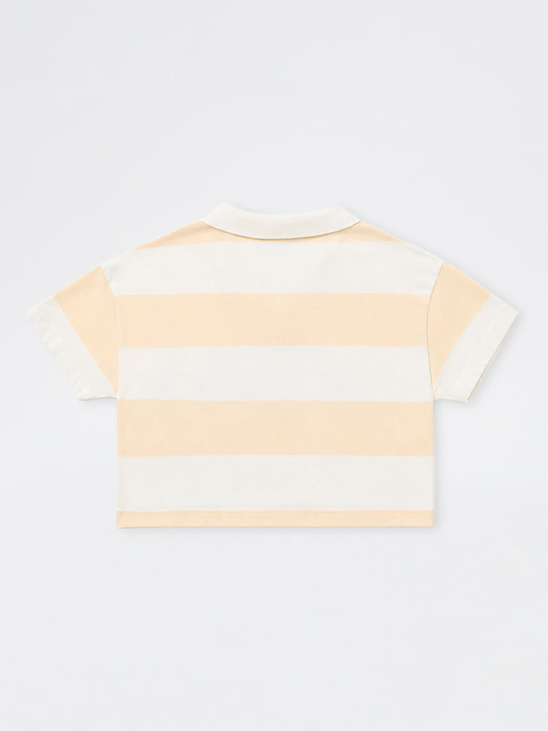 Girls Peach Striped Cotton T-Shirt