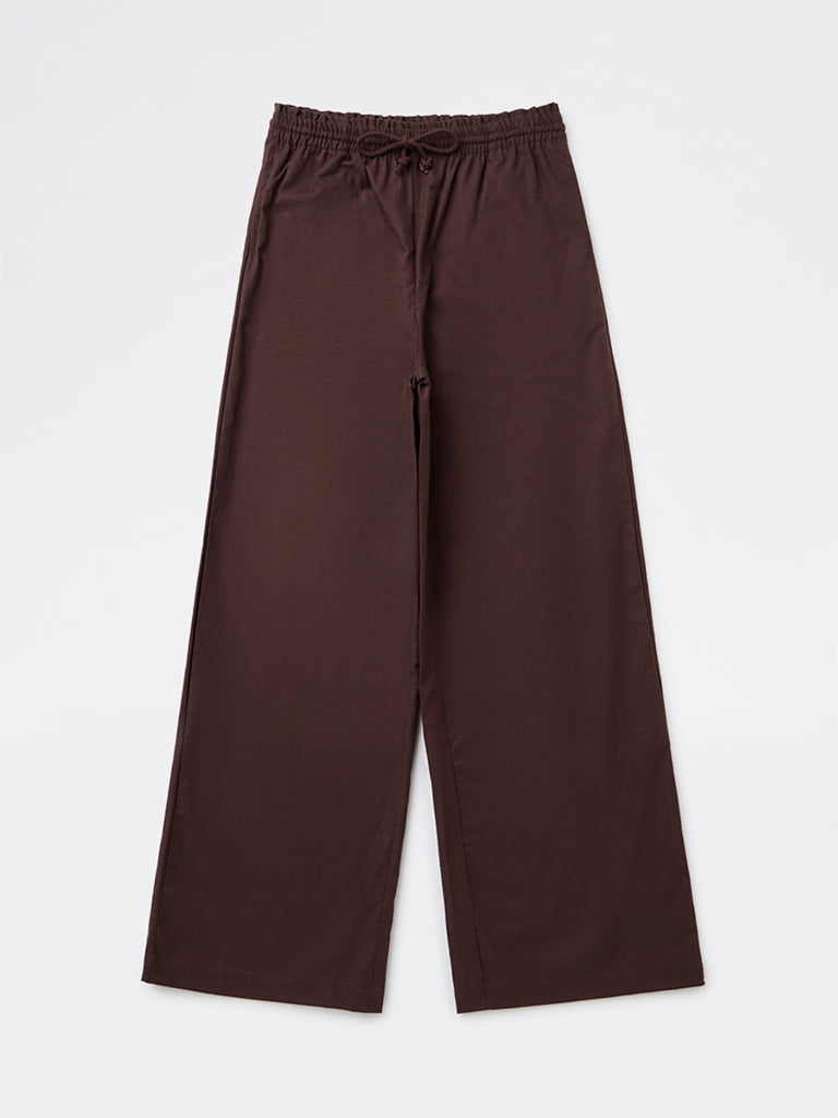 Y&F Kids Girls Dark Brown Solid High-Rise Cotton Trousers