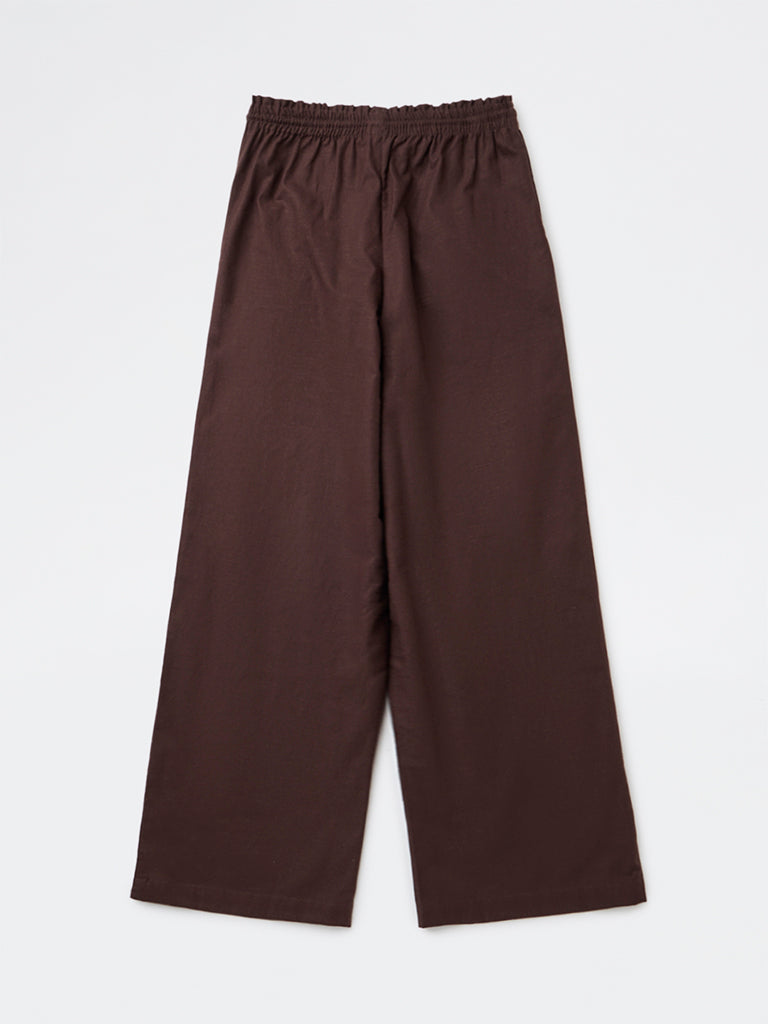 Y&F Kids Girls Dark Brown Solid High-Rise Cotton Trousers
