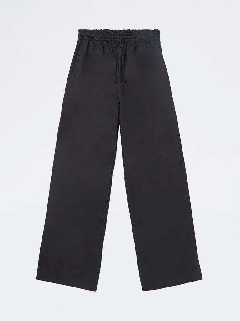 Y&F Kids Girls Black Solid High-Rise Cotton Trousers