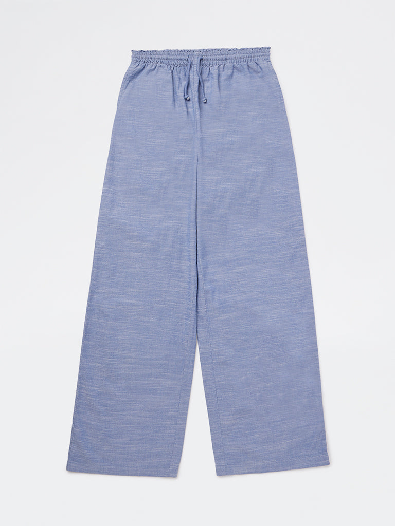 Y&F Kids Girls Blue High-Rise Cotton Trousers
