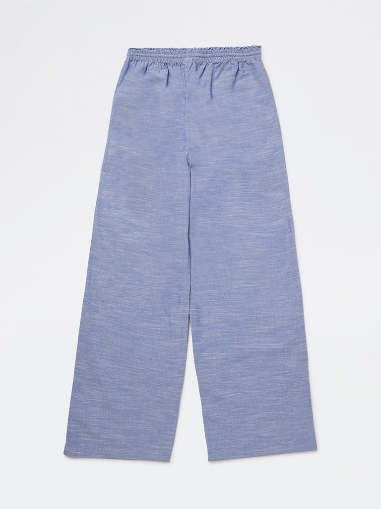 Y&F Kids Girls Blue High-Rise Cotton Trousers