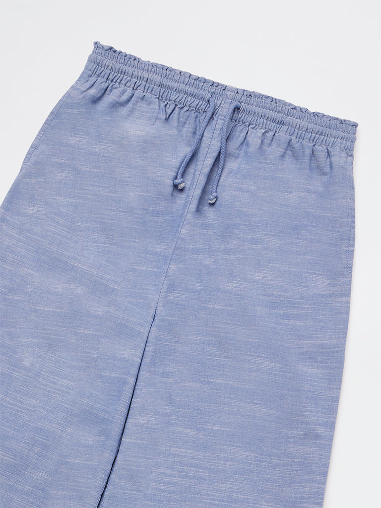 Y&F Kids Girls Blue High-Rise Cotton Trousers
