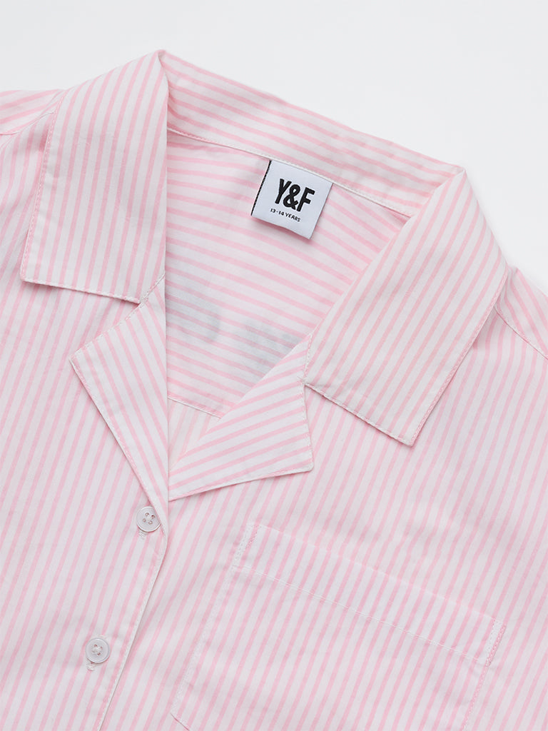 Y&F Kids Girls Pink Striped Cotton Shirt