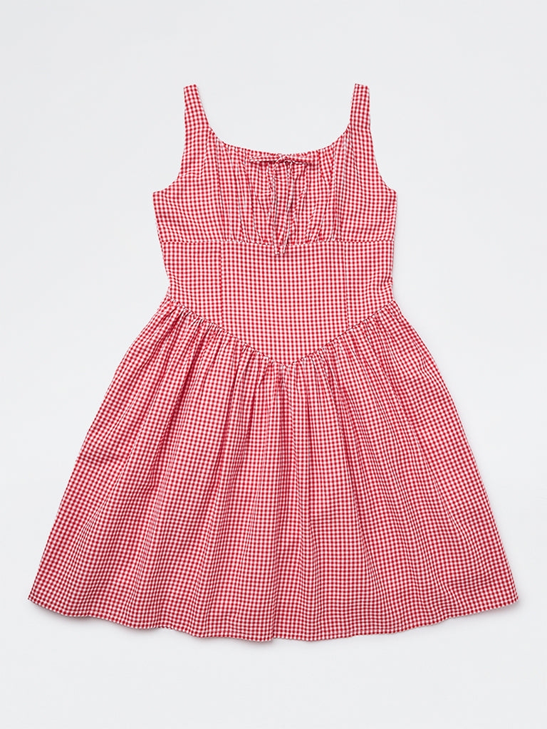 Y&F Kids Girls Red Gingham Check A-Line Cotton Dress