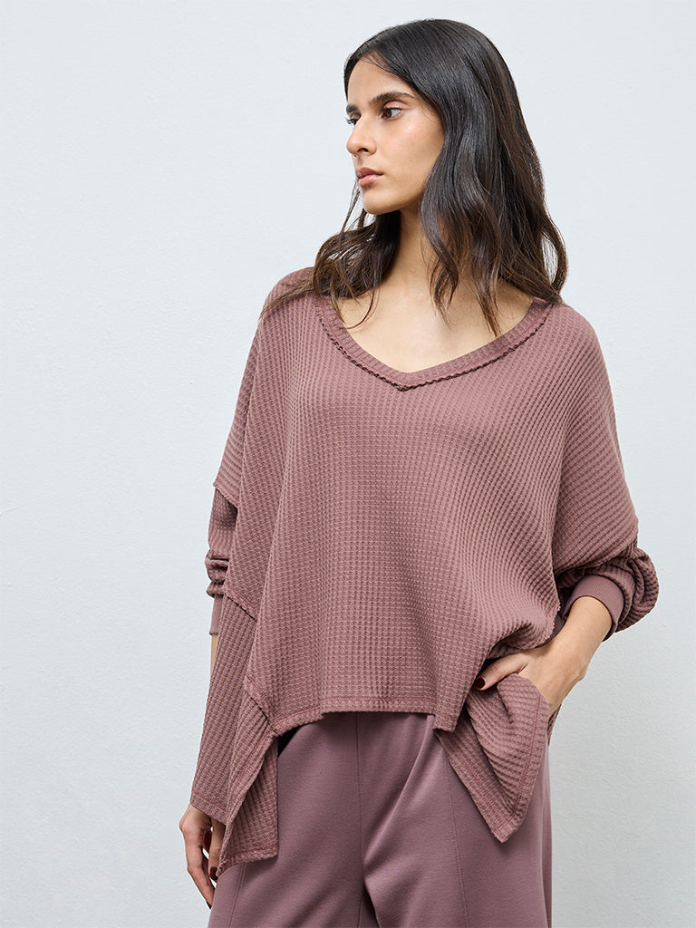 Wunderlove Brown Waffle-Textured Oversized Cotton-Blend Top