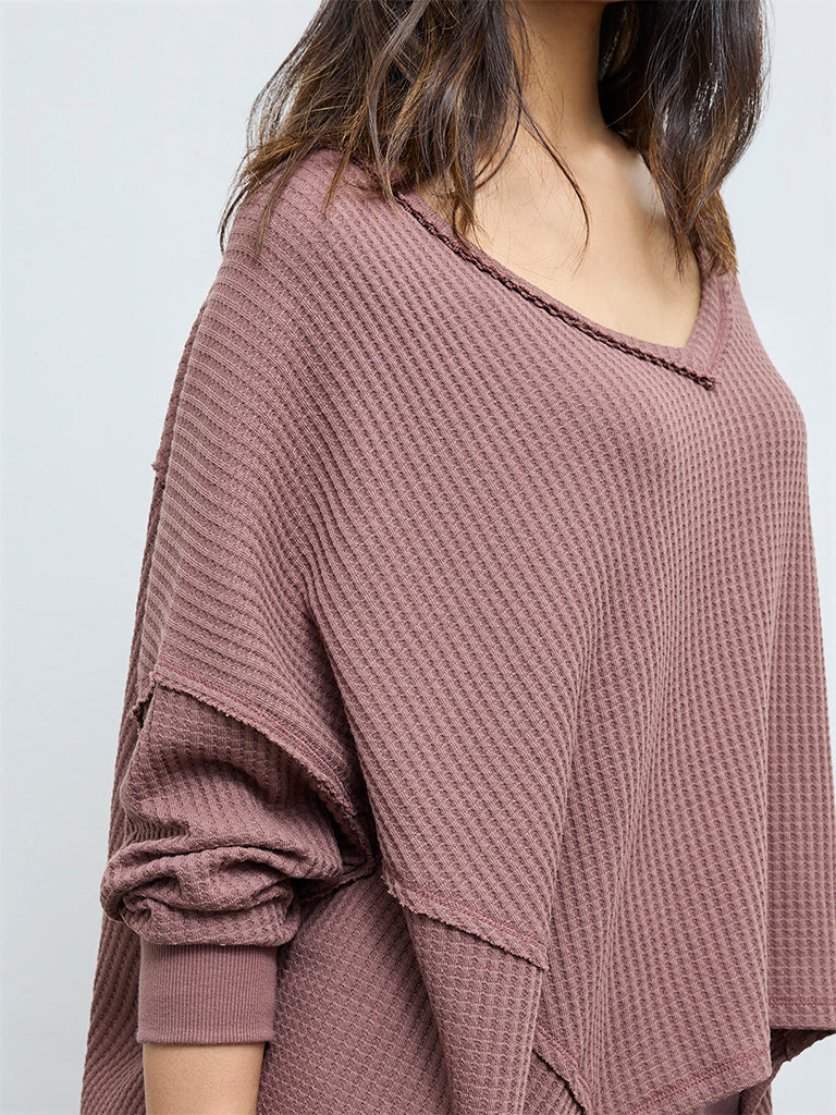 Wunderlove Brown Waffle-Textured Oversized Cotton-Blend Top
