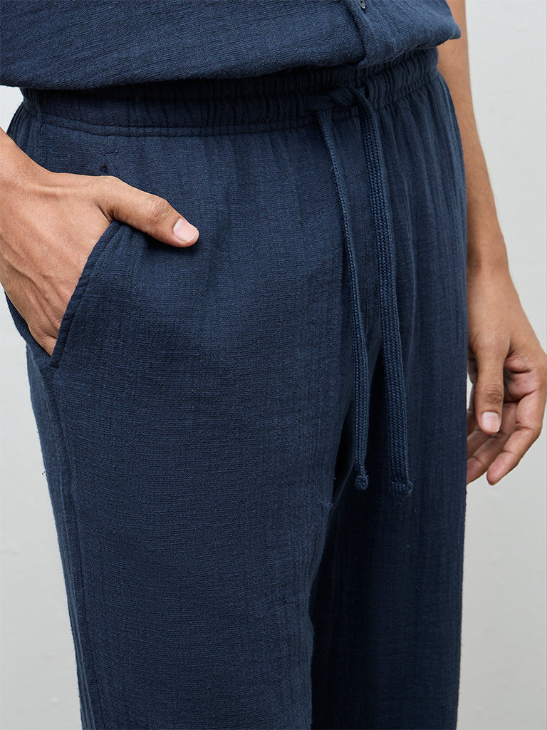 ETA Navy Textured Relaxed-Fit Mid-Rise Cotton Chinos