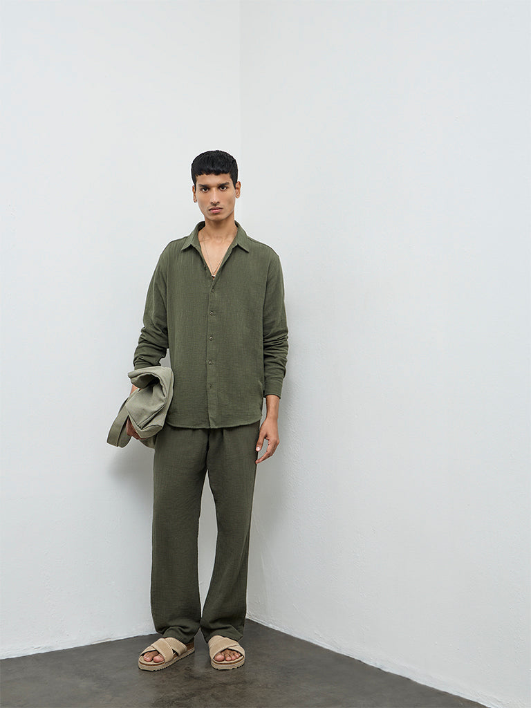 ETA Olive Textured Relaxed-Fit Cotton Shirt