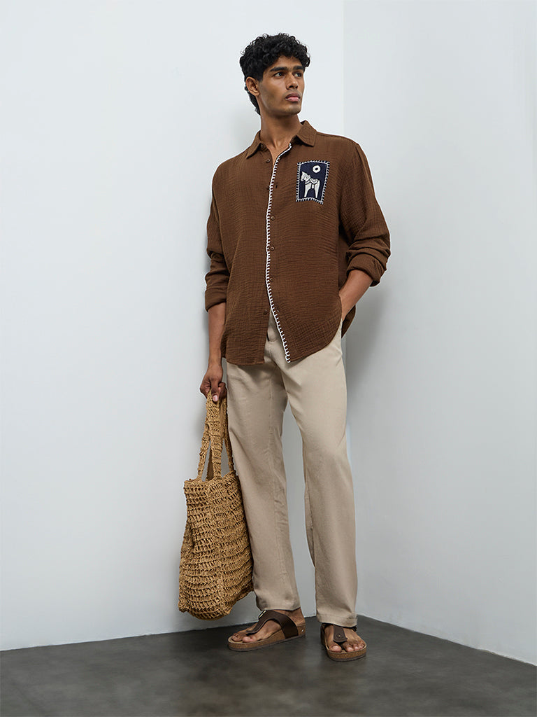 ETA Brown Embroidered Relaxed-Fit Cotton Shirt