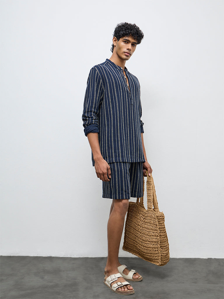 ETA Navy Striped Relaxed-Fit Cotton Shirt