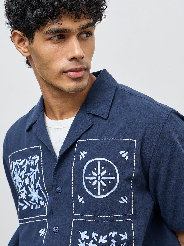 ETA Navy Printed Relaxed-Fit Cotton Shirt