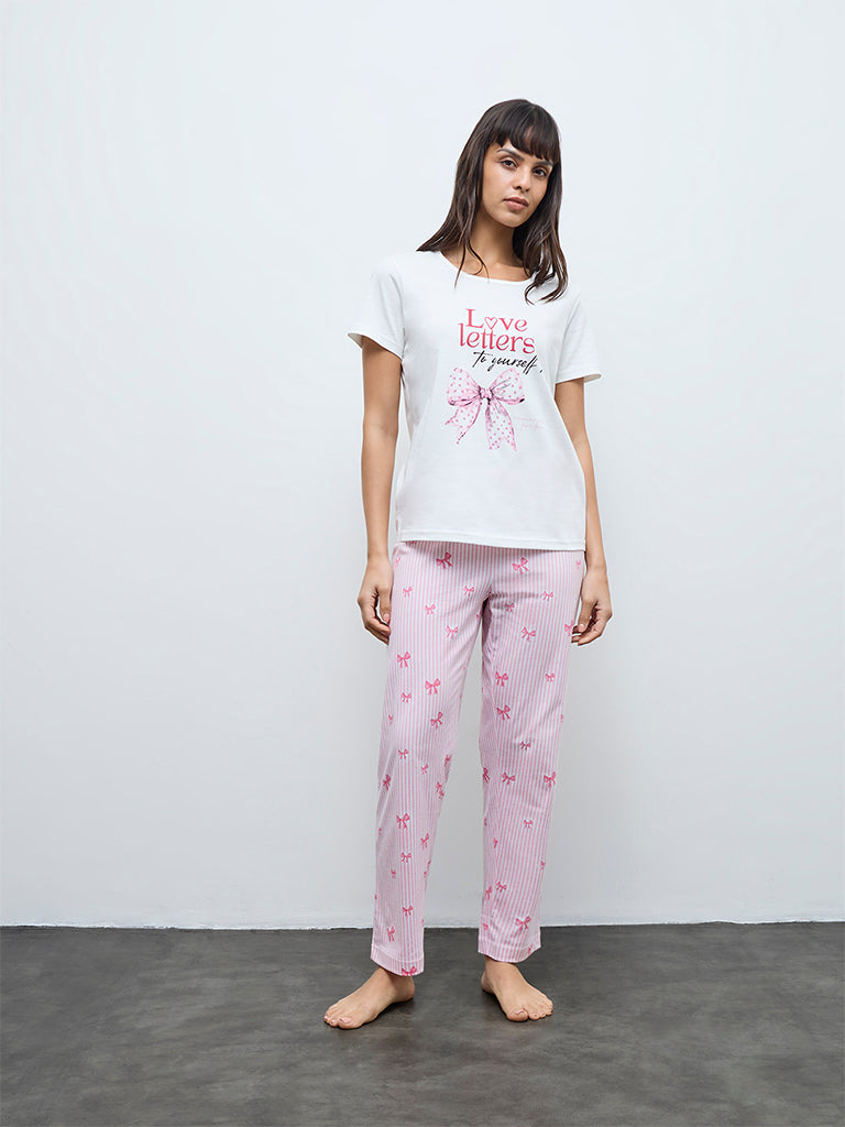 Wunderlove White Printed Cotton Pyjama Set In A Bag