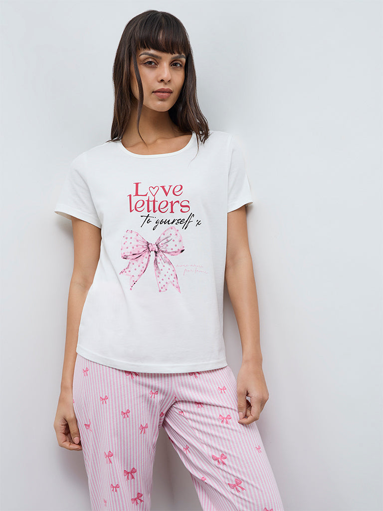 Wunderlove White Printed Cotton Pyjama Set In A Bag