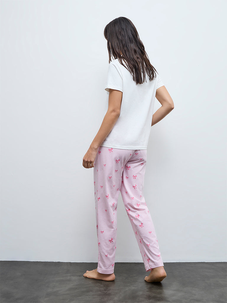 Wunderlove White Printed Cotton Pyjama Set In A Bag