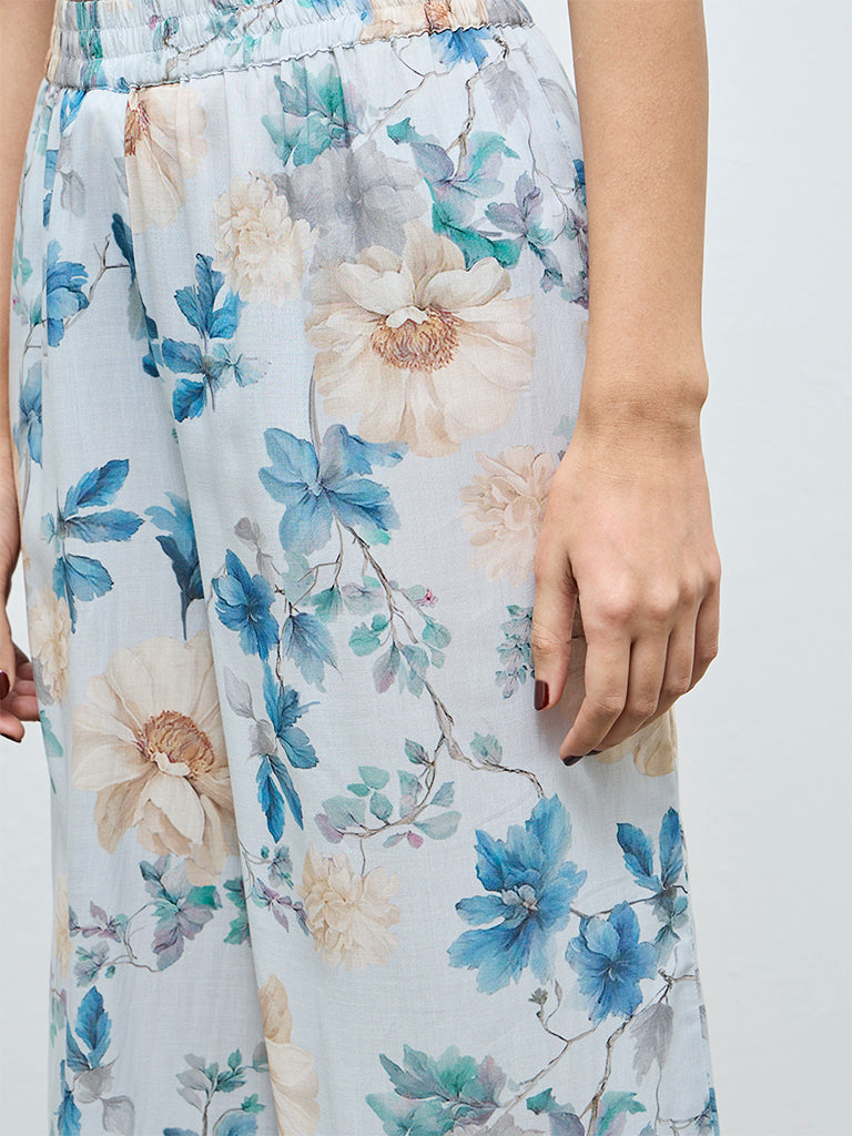 Zuba Blue Floral Printed Pants