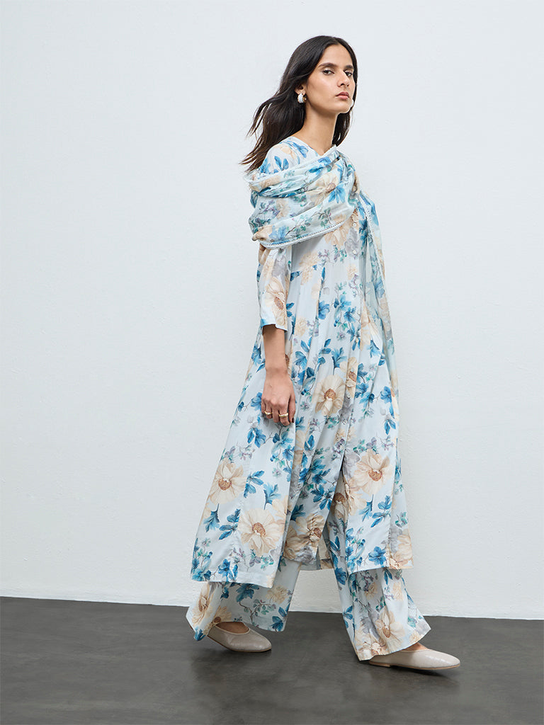 Zuba Blue Floral Printed A-Line Kurta