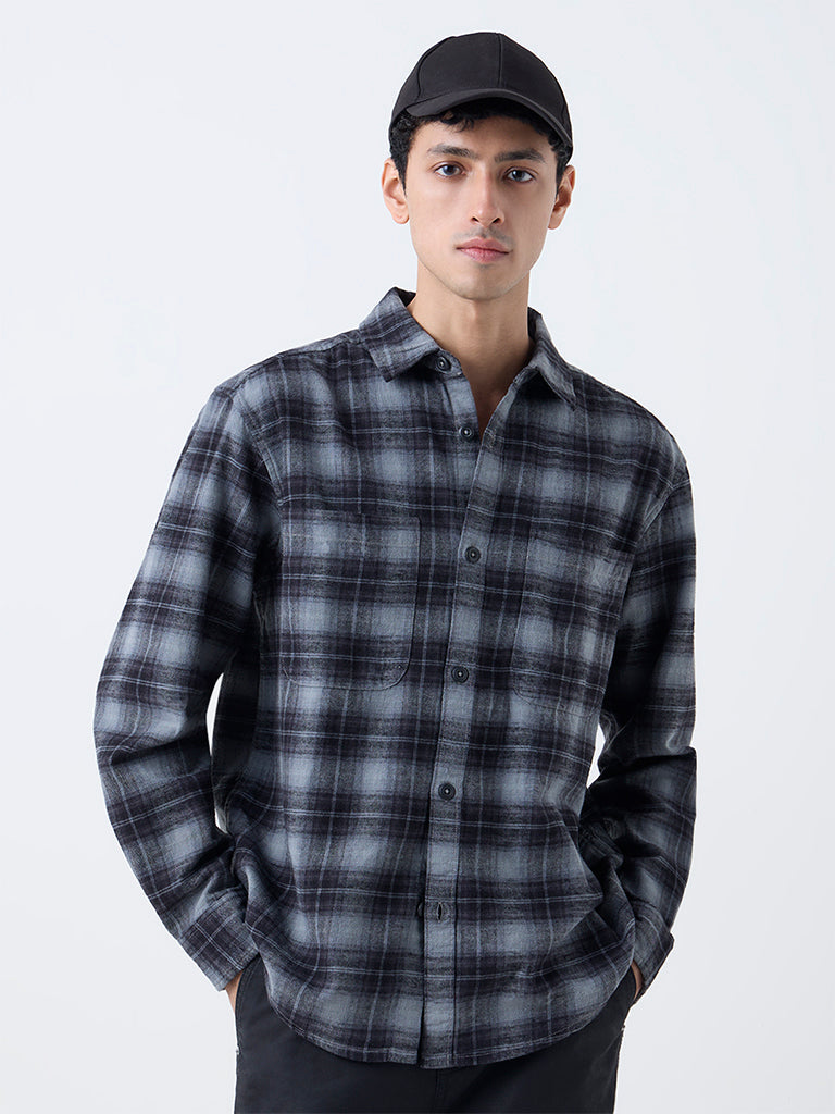 Nuon Black Checks Printed Relaxed-Fit Cotton Shirt